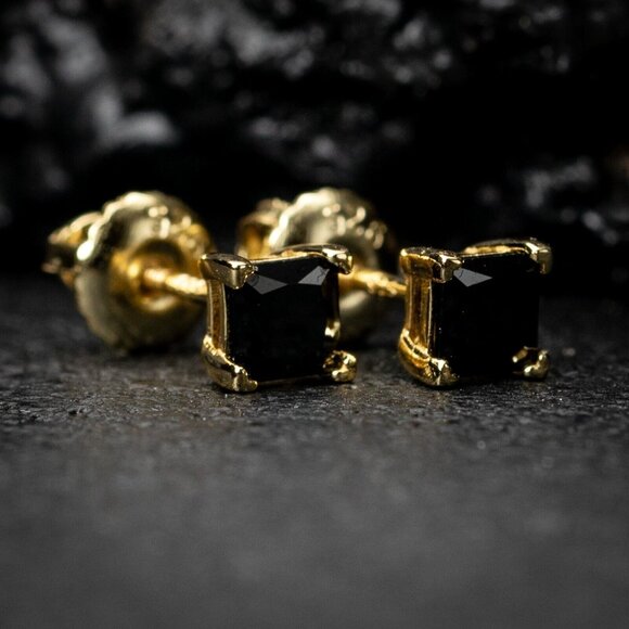 Small Mens Yellow Gold 925 Sterling Silver Black Onyx Princess Cut Stud Earrings - Picture 2 of 5